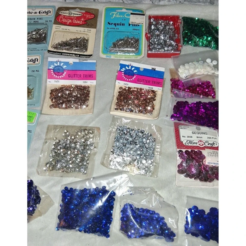 Vintage Sequin Craft Lot Glitter Trims Pins Fibre-Craft Create-a-Craft Retro